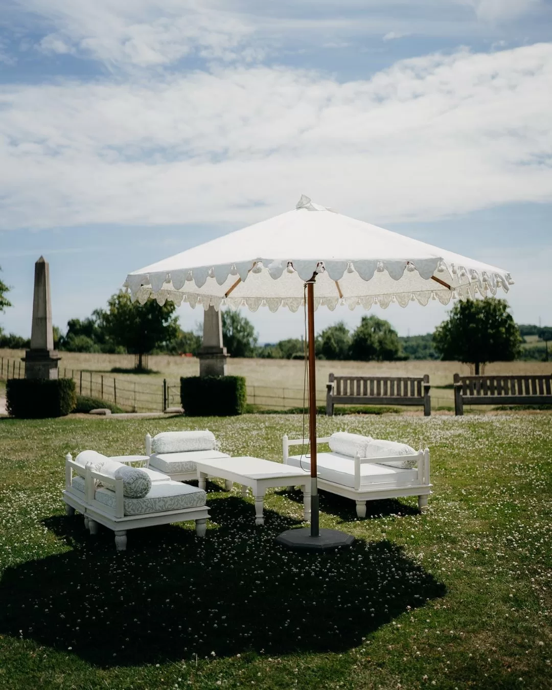 A beautiful terrace at Euridge Manor with sweeping views of the English countryside.
