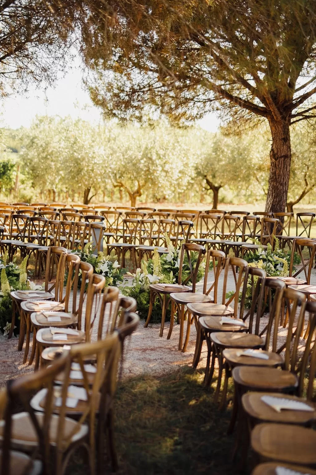 Natural ceremony setup with wooden chairs and aisle flowers among olive trees at Meneghetti Wine Hotel.