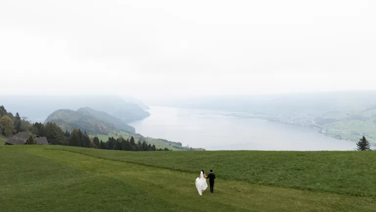 Wide panoramic view over Lake Lucerne and rolling Swiss hills near Villa Honegg wedding location.