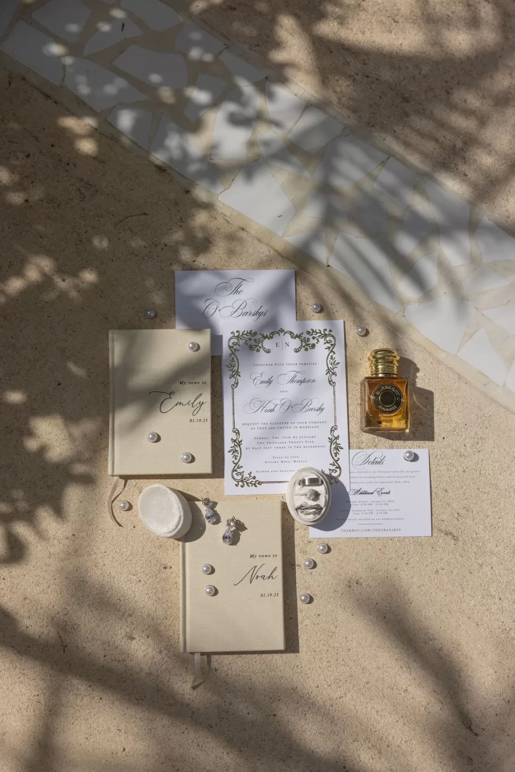 Wedding invitation and bridal accessories styled with pearls and florals at Villa La Joya.