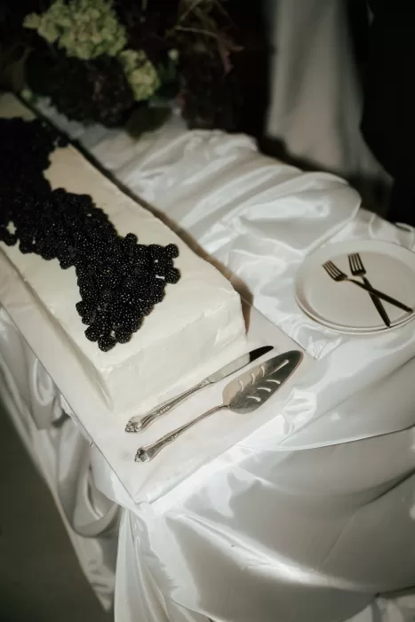 Minimal white wedding cake topped with fresh blackberries displayed on satin linens at Common Goods.
