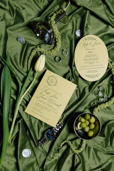 Wedding stationery styled with olives, tulip and silk fabric in rich green tones at Studio Sunset Chicago