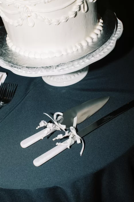 Close-up of wedding cake and cutting knives with ribbon detail at Fraser River Lodge reception