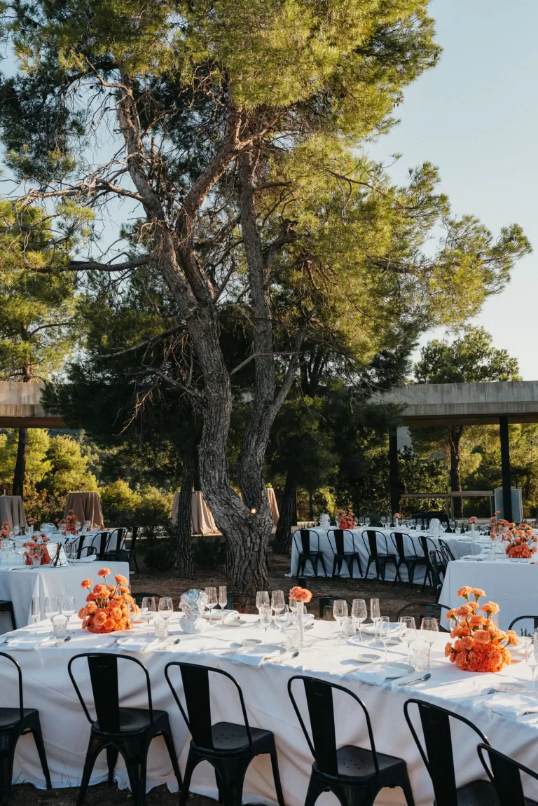 Al fresco reception tables set beneath tall pines with warm-toned floral arrangements