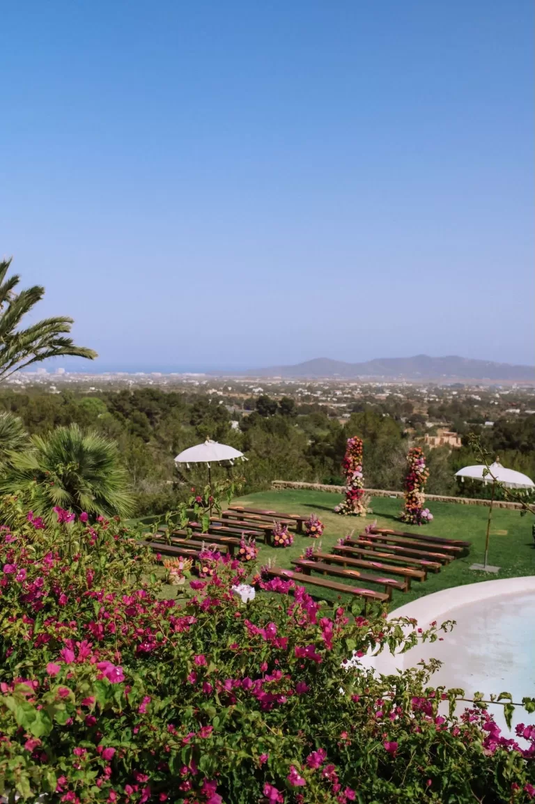 Panoramic view of ceremony setup with sea and mountains from Villa Blue Star Ibiza.