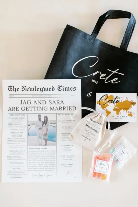 Wedding welcome gifts with printed stationery, recovery kits and Crete travel details.