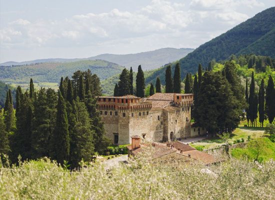 Beautiful garden pathway leading to Castello del Trebbio, Italy.