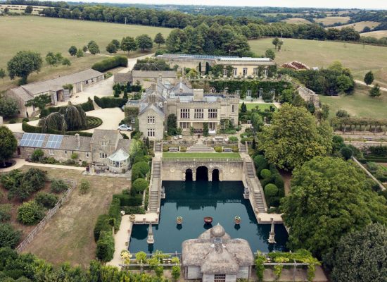 Historic stone architecture of Euridge Manor in the Cotswolds.