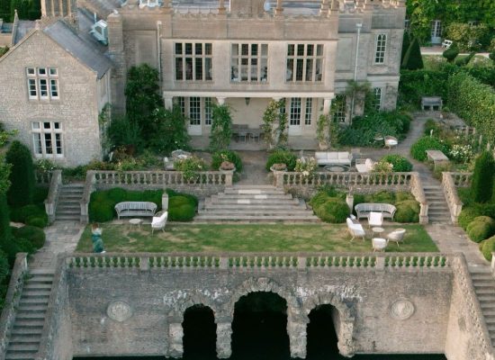 A breathtaking aerial shot of Euridge Manor, showcasing the entire estate and wedding setup.