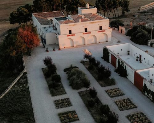 Aerial view of Masseria Fontana di Vite in Italy, showcasing the stunning venue and its picturesque surroundings.