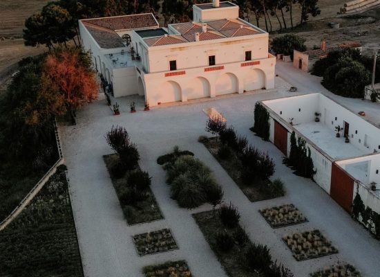 Aerial view of Masseria Fontana di Vite in Italy, showcasing the stunning venue and its picturesque surroundings.